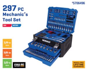 Kobalt 297-Piece Standard (SAE) and Metric Polished Chrome Mechanics Tool Set with Hard Case $99 1 Kobalt