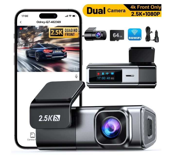 Odrey 4K Dual Dash Cam with 64GB Card $29.91 5 Odrey