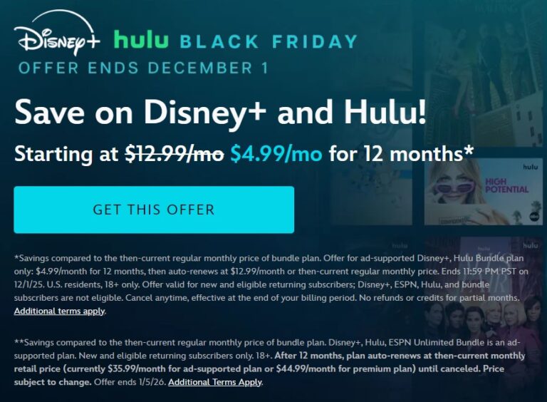 Disney+ and Hulu 1-Year Bundle Plan with Ads $4.99 10 Disney