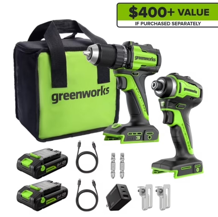 Greenworks 24V Cordless Brushless 400 in-lbs Drill/Driver + 1950 in-lbs Impact Driver Combo $85.66 9 Greenworks